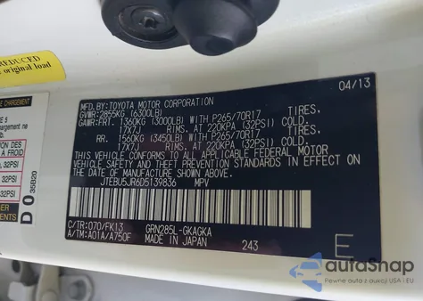 2013 Toyota 4Runner Sr5 из США, поврежденный, VIN JTEBU5JR6D5139836